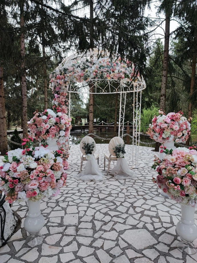 a wedding set up in the middle of a park